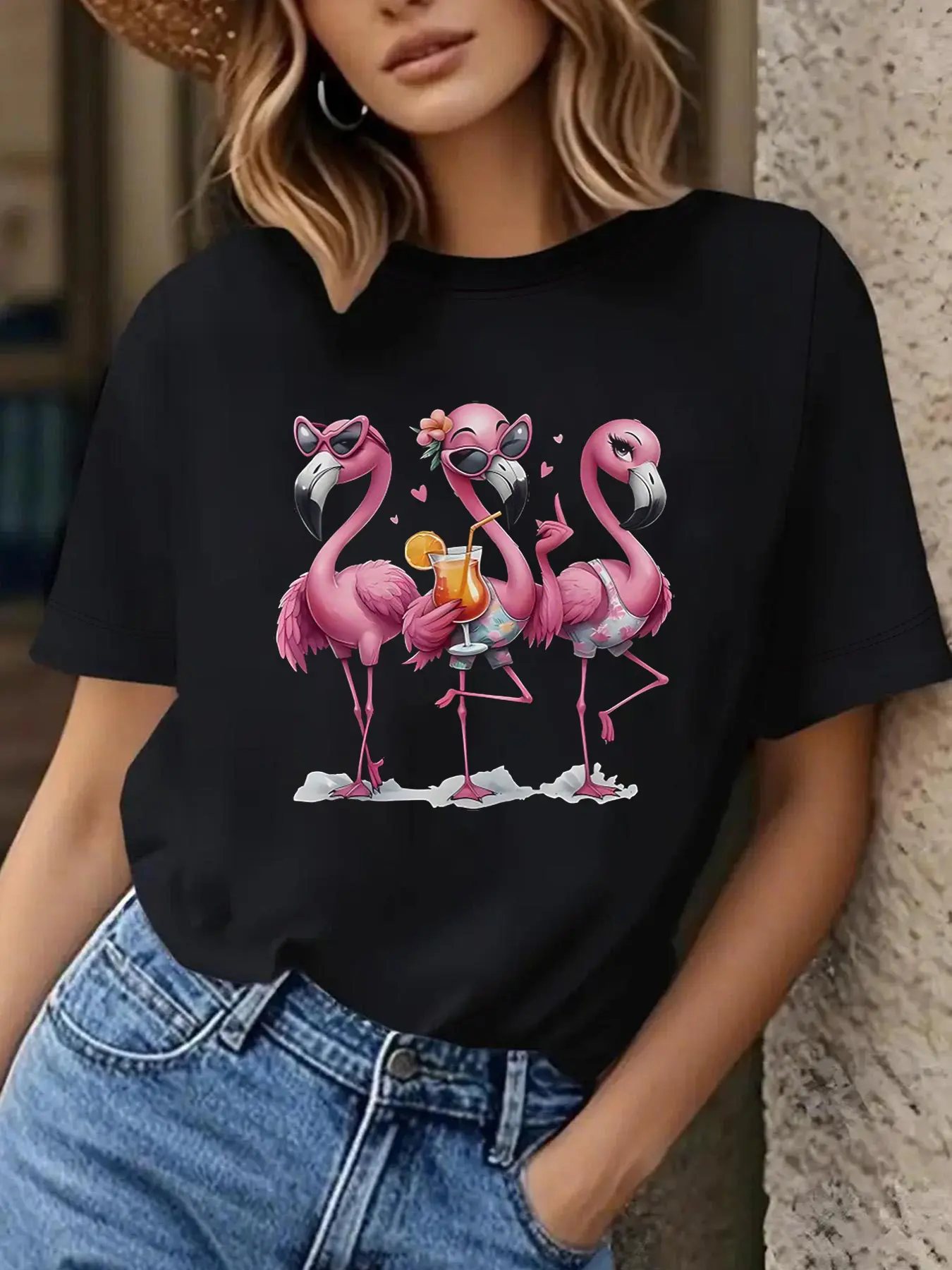 Wo's Pink Flamingo  Palm Tree Print T-Shirt - Trop