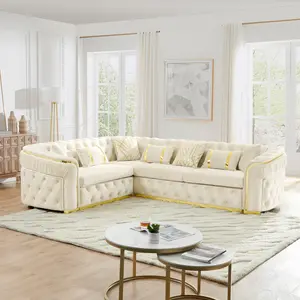 110.5" Luxury Italian Velvet L Shape Chesterfield Sofa with Glod Stainless Steel Decor, Oversize Curved Arm Button Tufted Sectional Couch for Living Room with 7 Pillows, Beige