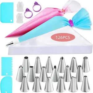 Frosting Piping Bag 126pcs Disposable Piping Bags Set Cake Decorating Kit with 18 Tips 3 Scrapers 2 Couplers 2 Icing Bag Ties Baking Tools for Home Bakery Sets