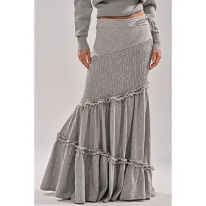IT ONLY GETS BETTER RUCHED MAXI SKIRT IN HEATHER GREY
