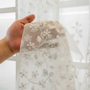 1pc Modern Simple Cute Fresh Pearl Beaded Embroidery Curtain Sheer Fabric, Dustproof and Sunproof for Living Room & Bedroom Decor Net Curtain Window