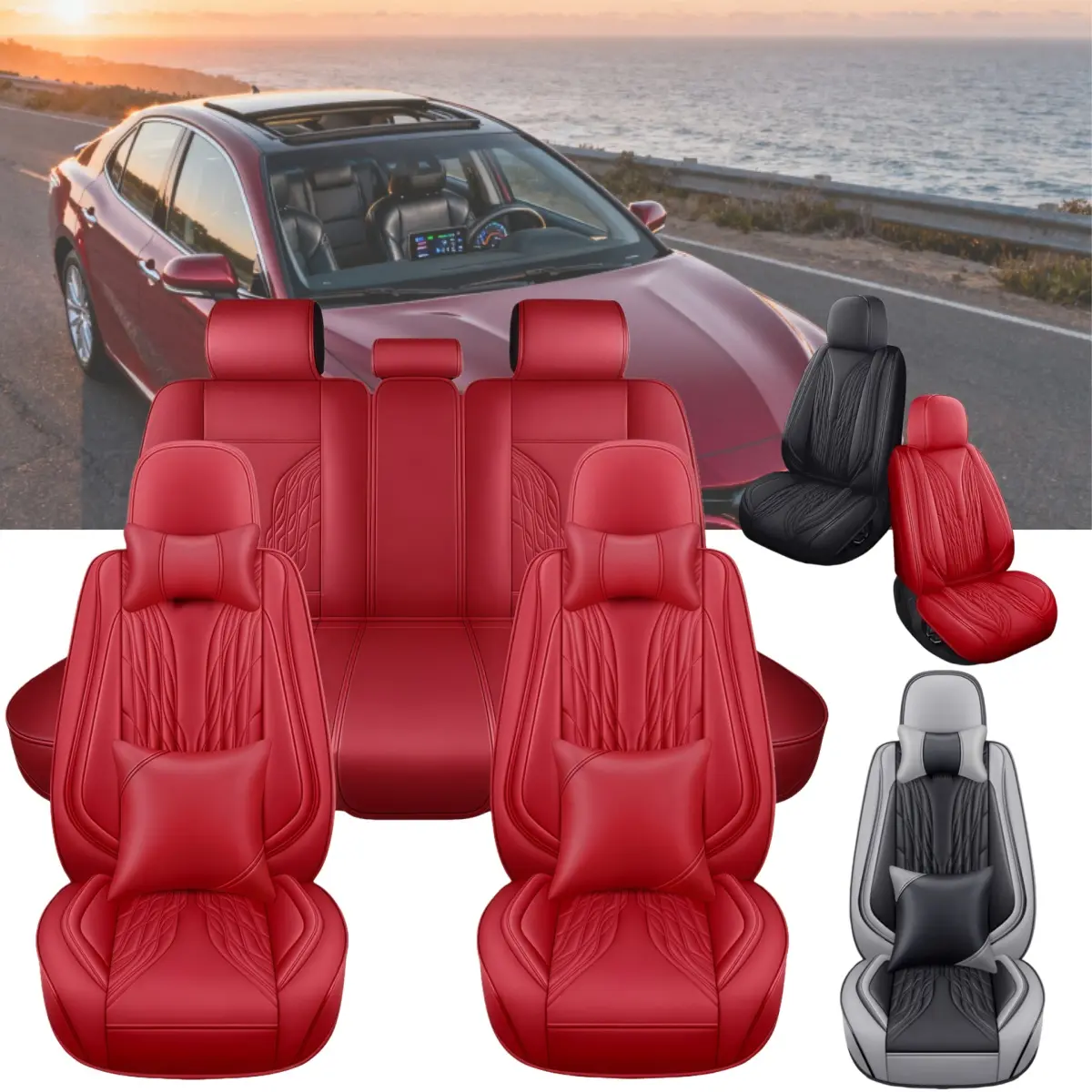 Full Set Thick Luxurious Leather Car Seat Cushions for Toyota Camry LE/SE 2011-2021, 3D Printed Car Accessories, Water Resistant All-Season Protector with Lumbar Pillow Option & Breathable Design, Accessories For Car