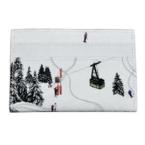 Winter Ski Resort Graphic Card Holder – Premium White Leather Aesthetic Minimalist Wallet for Men & Women