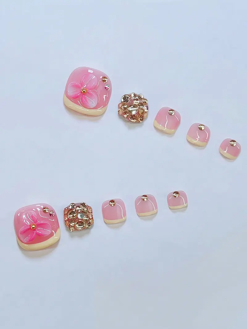 10 Pcs Square Press On Toenails, Pink With 3D Flower, Yellow French Tip, Gold Rhinestone Accents, Daily Wear, Tool Kit Included