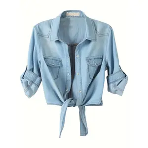 Denim Crop Top Chambray Roll-Up 3/4 Sleeve Tie Front Knot Shirt, Casual Cotton Women's Top