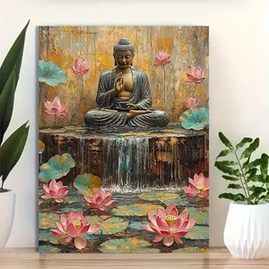 1 Piece Framed Canvas Wall Art, Wooden Wall Art - Serene Buddha and Lotus Waterfall Zen Spiritual Painting, Vibrant Pink and Orange Tones, Meditation Room, Living Room Hanging Home Decor, Buddhist Home Decor, Serenity Piece, Fine Details, Printing