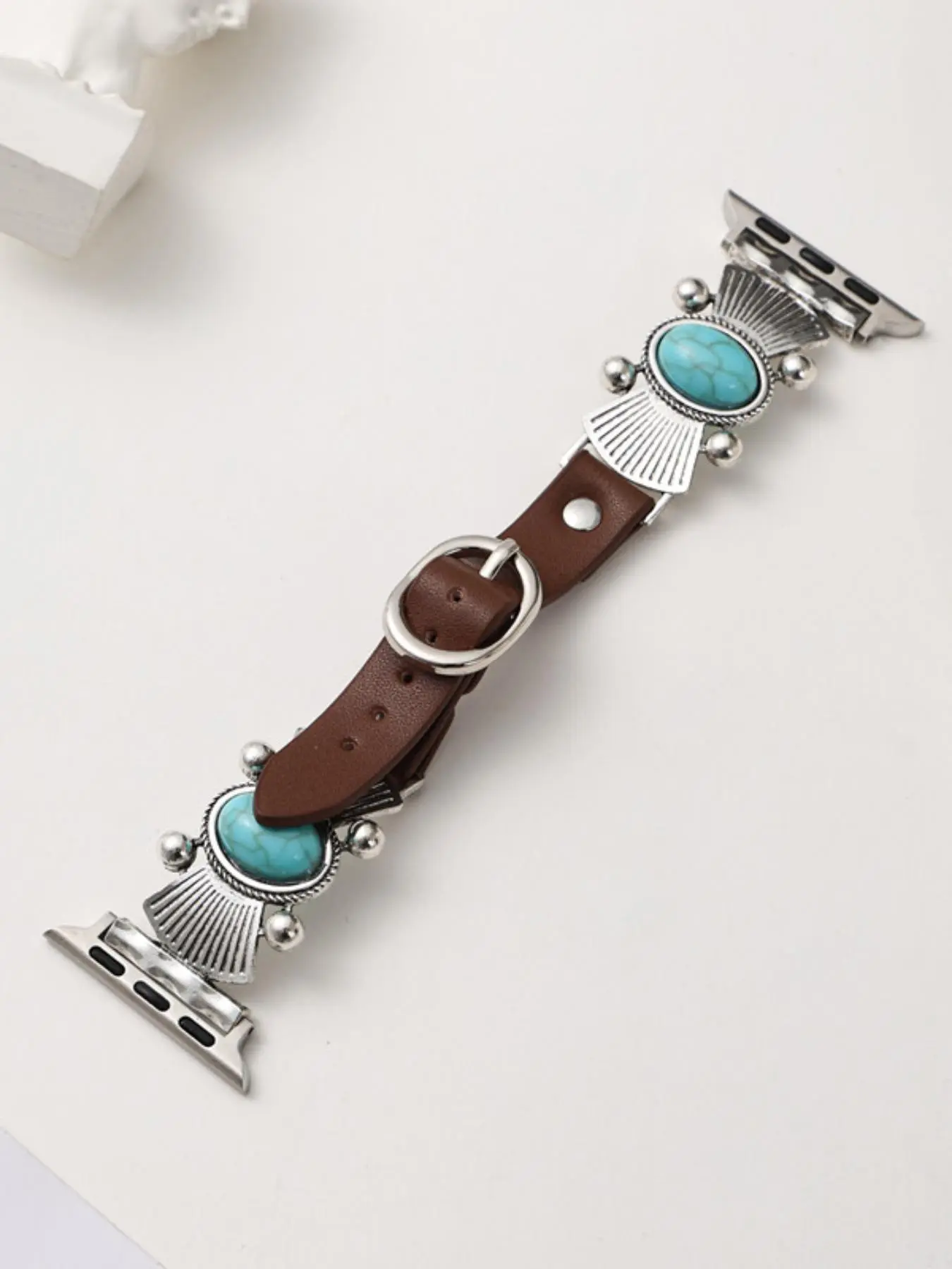 A Vintage Turquoise Inlaid Watch Strap, Smart Watch Straps, Smartwatch Accessories, Compatible with Se/1-9 Series, Suitable for Apple Watch Series 38-49mm, Zinc Alloy, Foldable Clasp, Women's Fashionable Smart Watch Accessories, Wearable Accessory