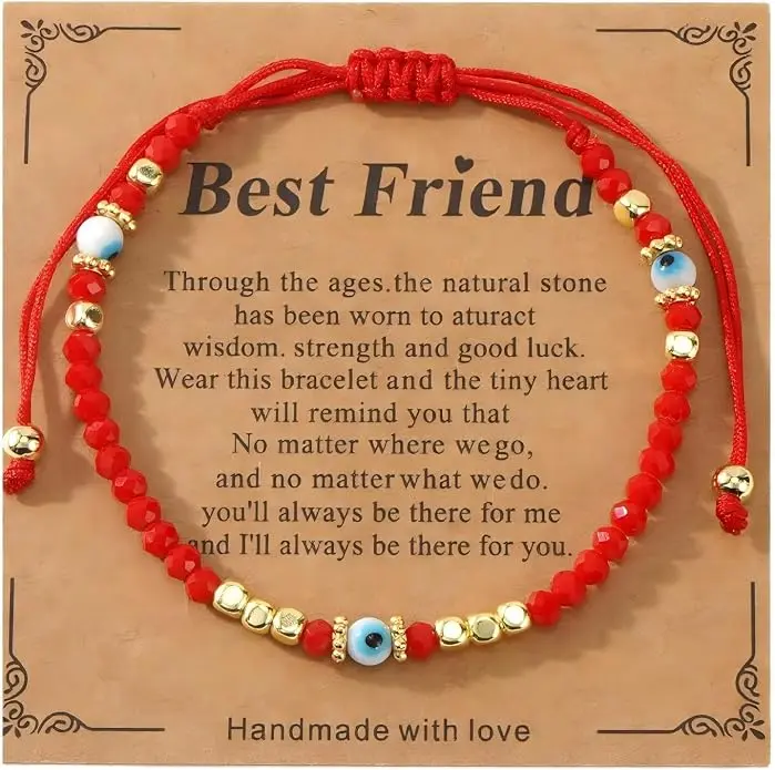 2pcs Boho Red Evil Eye Rhinestone Crystal Bead Bracelet,Handmade Protection & Good Luck Amulet Bracelet - Attracts Wealth,Money Attraction,Lucky Bracelet,Ideal Gift For Women Men,Couple& Friends