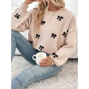 Women's Bow Pattern Drop Shoulder Sweater, Casual Long Sleeve Round Neck Jumper for Fall & Winter, Fashion Ladies' Knitwear for Daily Wear