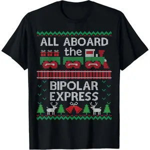 Funny Christmas jumper bipolar express train T-Shirt, 100% Cotton, Single Side Printed, Black Short Sleeve T-shirt, 1 pc, Christmas Halloween Thanksgiving Gift