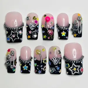 Hand-Painted Star Press On Nails: Y2K Gothic Square Nail Set, Sparkly Black & Silver Nail Art, Trendy Alternative Coquette Nails