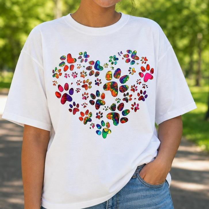 Women's 100% Cotton Casual Tshirt - Colorful Paw Print Heart Graphic, Crew Neck, Drop Shoulders, Loose-Fit, Breathable Top for Dog Mom Pet Lovers