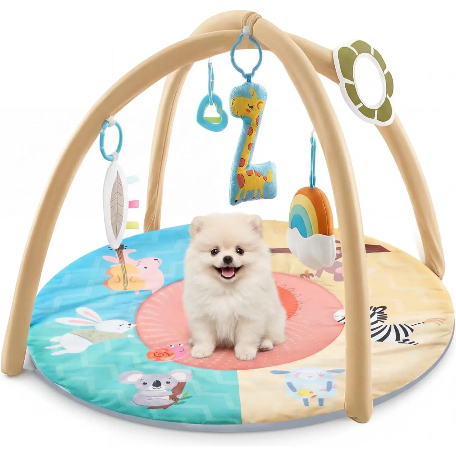 Puppy Play Gym - Bright Animal Prints Soft Fabric Pet Activity Mat with Squeaky Toys, Interactive Sensory Mat That Reduces Stress, 30x30x20in, Ideal for Dog & Cat Exercise Napping
