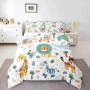 Cartoon Jungle Animals Luxury Bedding Set,Safari Zoo Animals Designer Comforter Set,Lion Tiger Monkey Giraffe Quilt,Bed Set