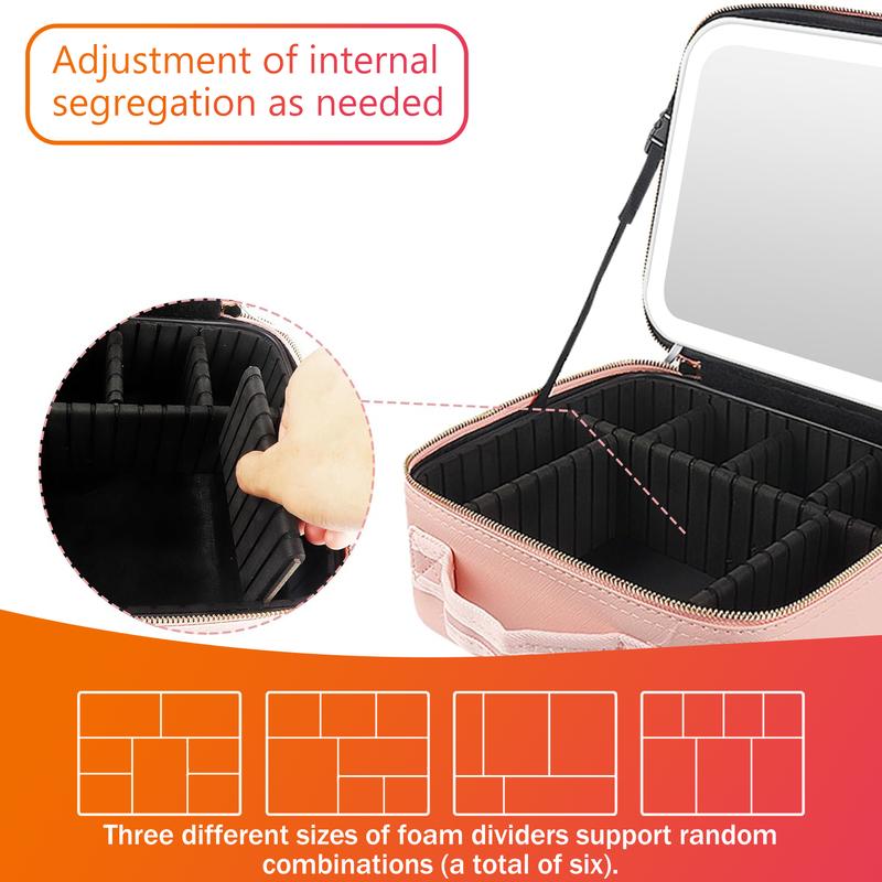 Makeup Bag with LED Mirror | Travel Cosmetic Organizer with Adjustable Dividers & Brush Storage