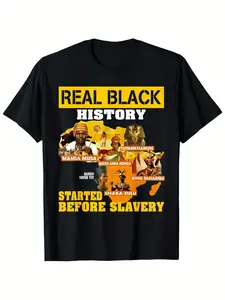 [Black History T-Shirt] Men's "Real Black History" Graphic T-Shirt - Vintage Crew Neck, Short Sleeve, Regular Fit - Ancient African Leaders & "Started Before Slavery" Text - All-Season Casual & Beach Wear, Cultural Statement Apparel, Bold Graphic Tee, Dur