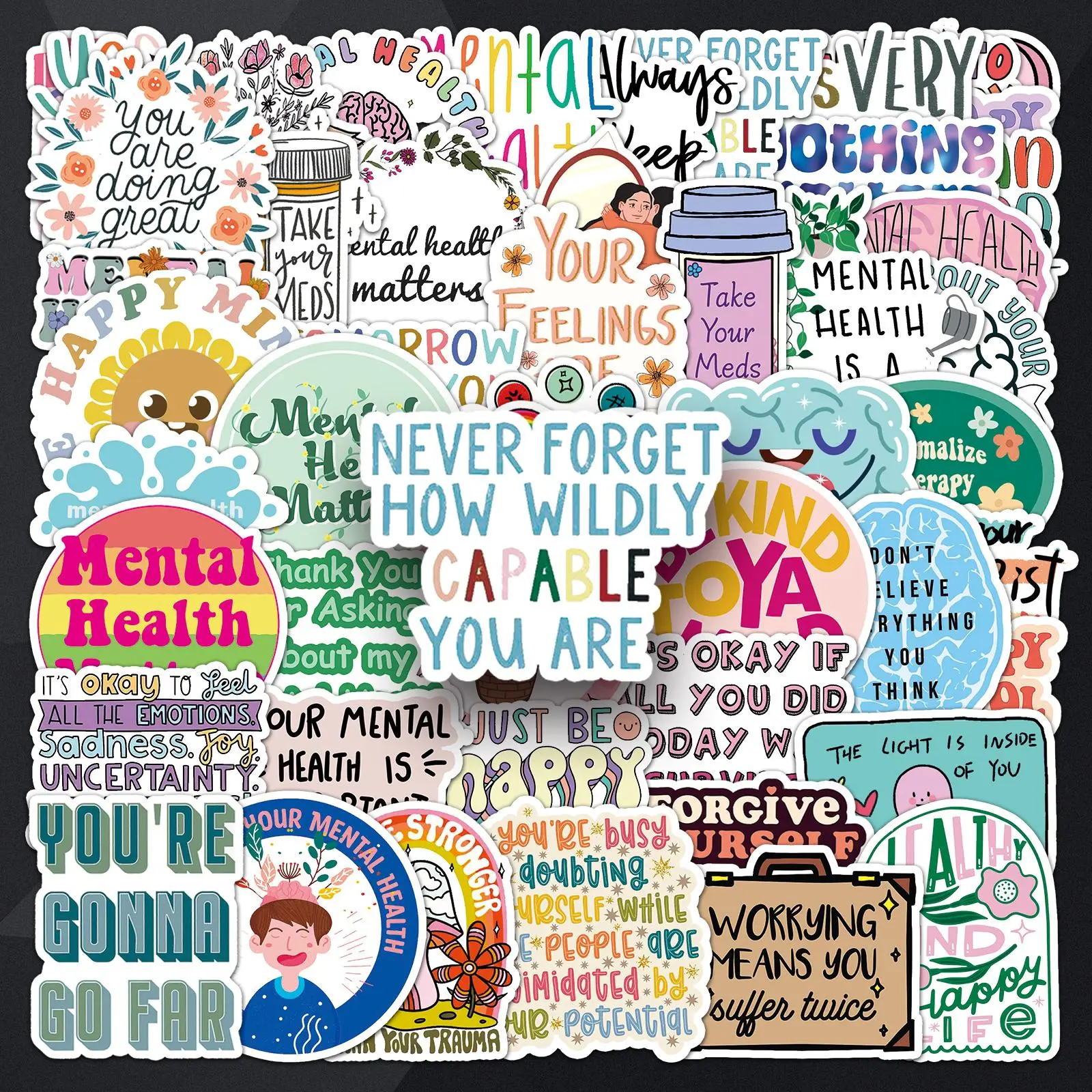 Mental Health Slogan Sticker, 50pcs/set Waterproof Self Adhesive Decor Paper, Decor Sticker for Gift Greeting Card Water Bottle Laptop Phone, Waterpro