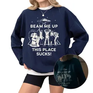 Beam Me Up This Place Sucks Sweatshirt, Retro Alien UFO Abduction Crewneck, Funny Space Quote Pullover for Men and Women, Vintage Sci-Fi Aesthetic Top - HARSIN