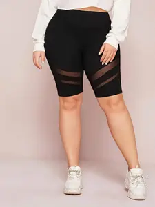 Plus Size Sheer Contrast Mesh High Waist Biker Shorts, Summer Clothes Women, Casual Solid Skinny Shorts for Women, Lady's Bottoms for Summer, Athleisure Street Shorts