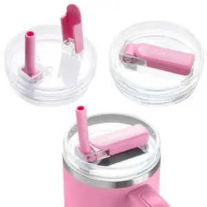 DIPESI Pink 40oz Insulated Tumbler Lid Replacement for Stanley Quencher with 360° Rotatable Silicone Spout Leak-Proof Flip Cover & 2 Silicone Straws