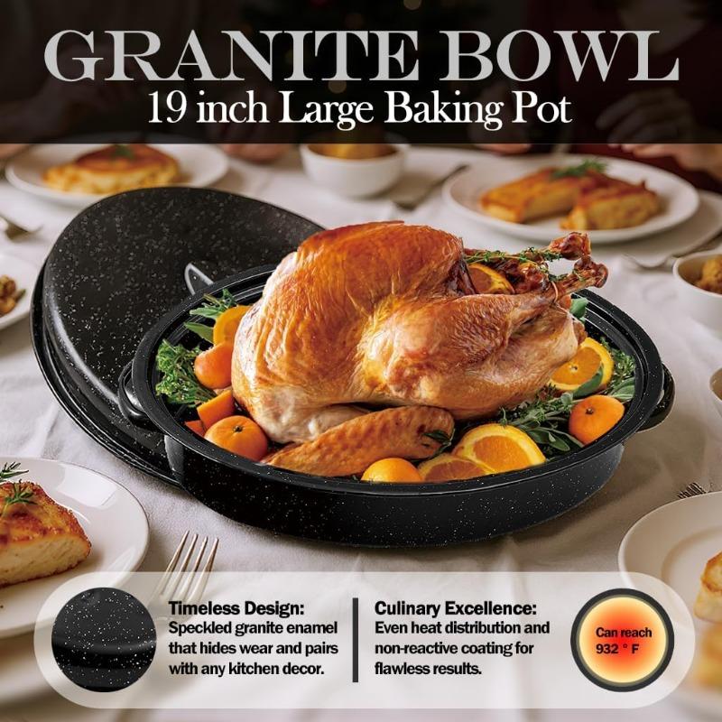 A Single Piece, a Covered Baking Pan, an Enamel Dish with a Granite Bowl, a Turkey Pot, Serving Bowls, Serving Utensils, Perfect for Roasting Turkey, Bread, Beef, And Vegetables, Oven Baking Tray, Oval Shape