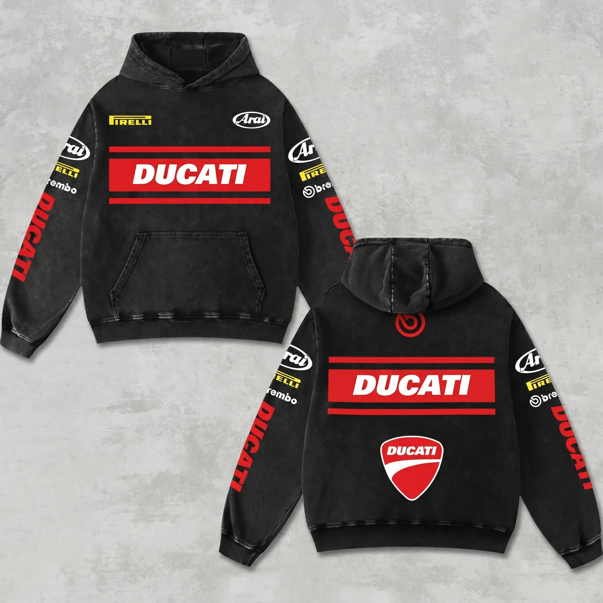 Retro Arai x Brembo x Ducati Racing Hoodie Acid Washed, Motor World Championship Enthusiast, Motorcycle Off-Road Dirt Bike Graphic Streetwear, Heavyweight Biker Sweatshirt, Retro Moto Gear Motorbike Apparel Men’s Grunge Y2K Racing Jacket Style