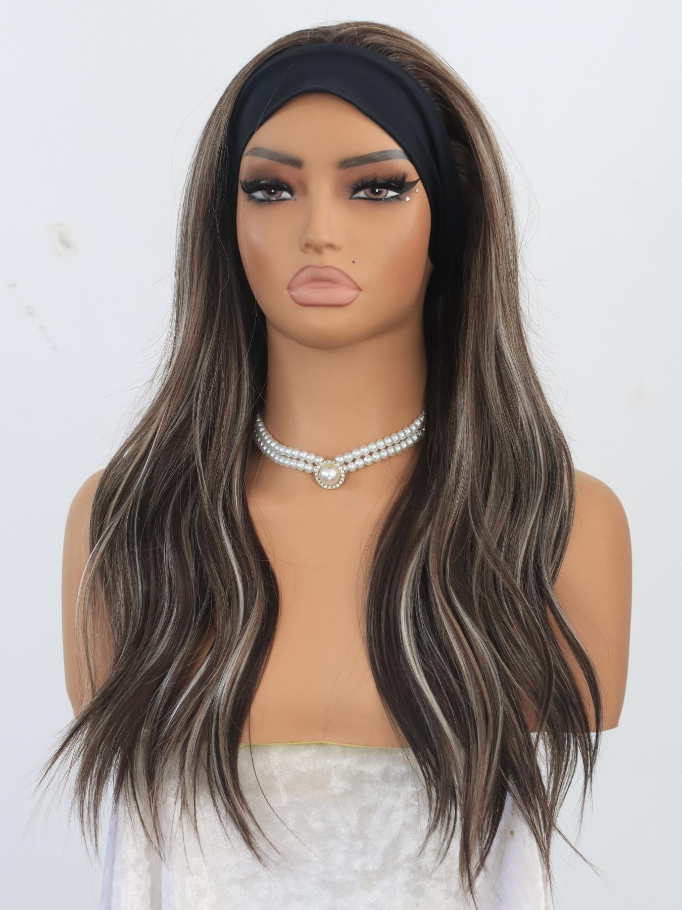 MACA BAKA Skylar Iced Brown Ash Blonde Layered Ombre Highlight Headband Wigs Wear and Go Glueless Low Density 18 Inches Iced Mocha Long Soft Wavy Synthetic Wigs for Women Easy to Wear
