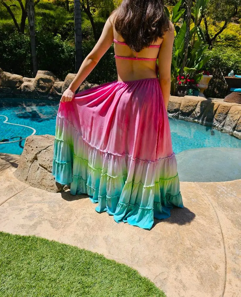 Maya Antonia Hand Painted Tropical Resort Watermelon Cotton Maxi Dress-Open Back