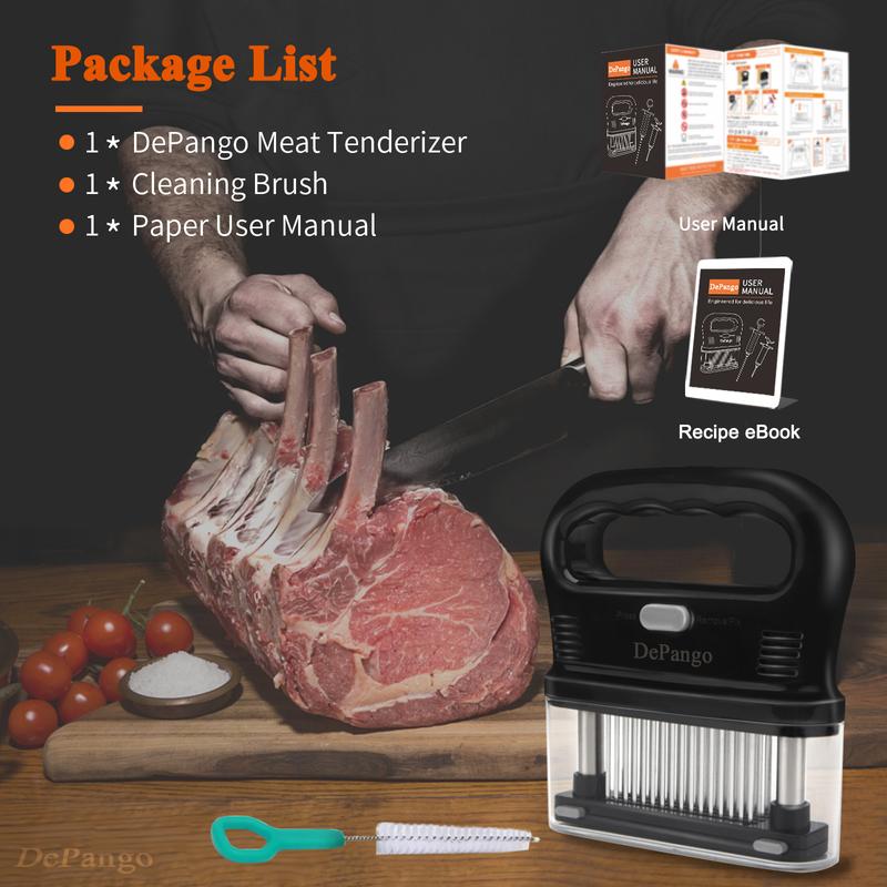 DePango Meat Tenderizer with 48 Stainless Steel Blades, Large Ergonomic Handle for Easy Pressing, Detachable Design for Thorough Cleaning, Ideal for Beef, Pork, Chicken