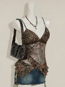 SOLEMN Women's Vintage Paisley Print Patchwork Asymmetrical Hem Cute & Sexy Top Autumn Winter Leopard