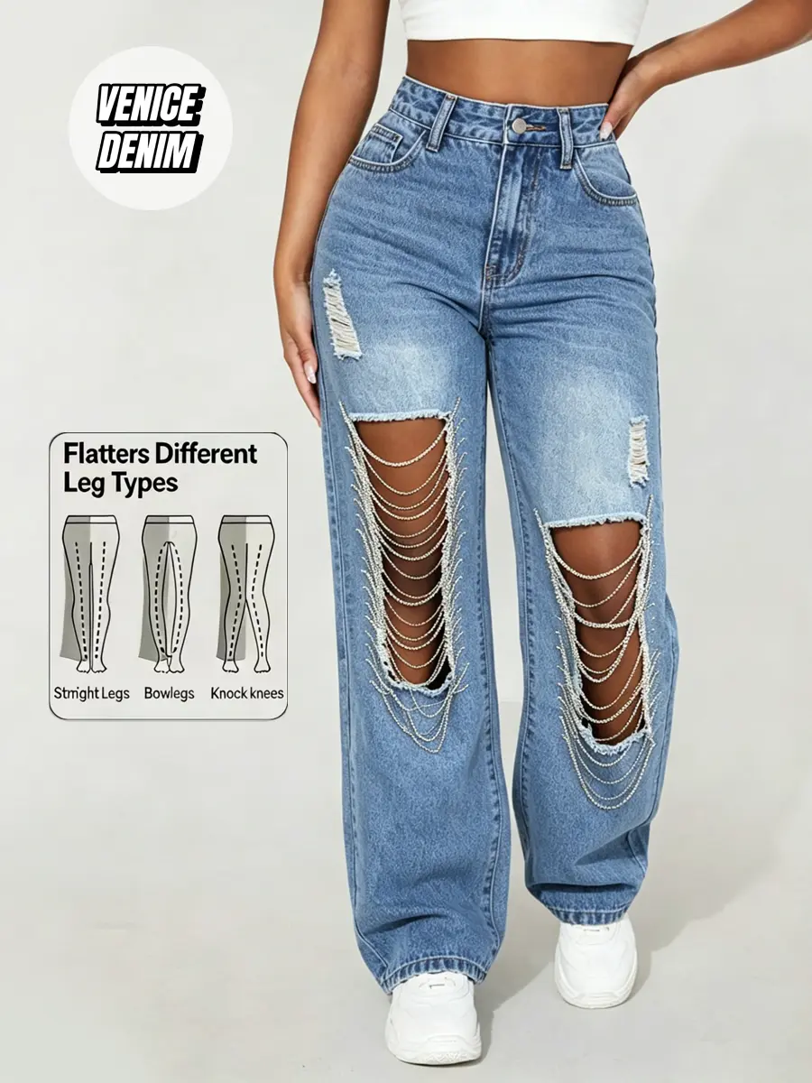 Women's High Waist Ripped Jeans, Straight Leg Cropped Cotton Blend with Rhinestone Chain, Festival Statement Piece, Pants, Streetwear, Denim Pants, All Seasons, Stretch Cotton, Ripped Accents, Casual, Fashion