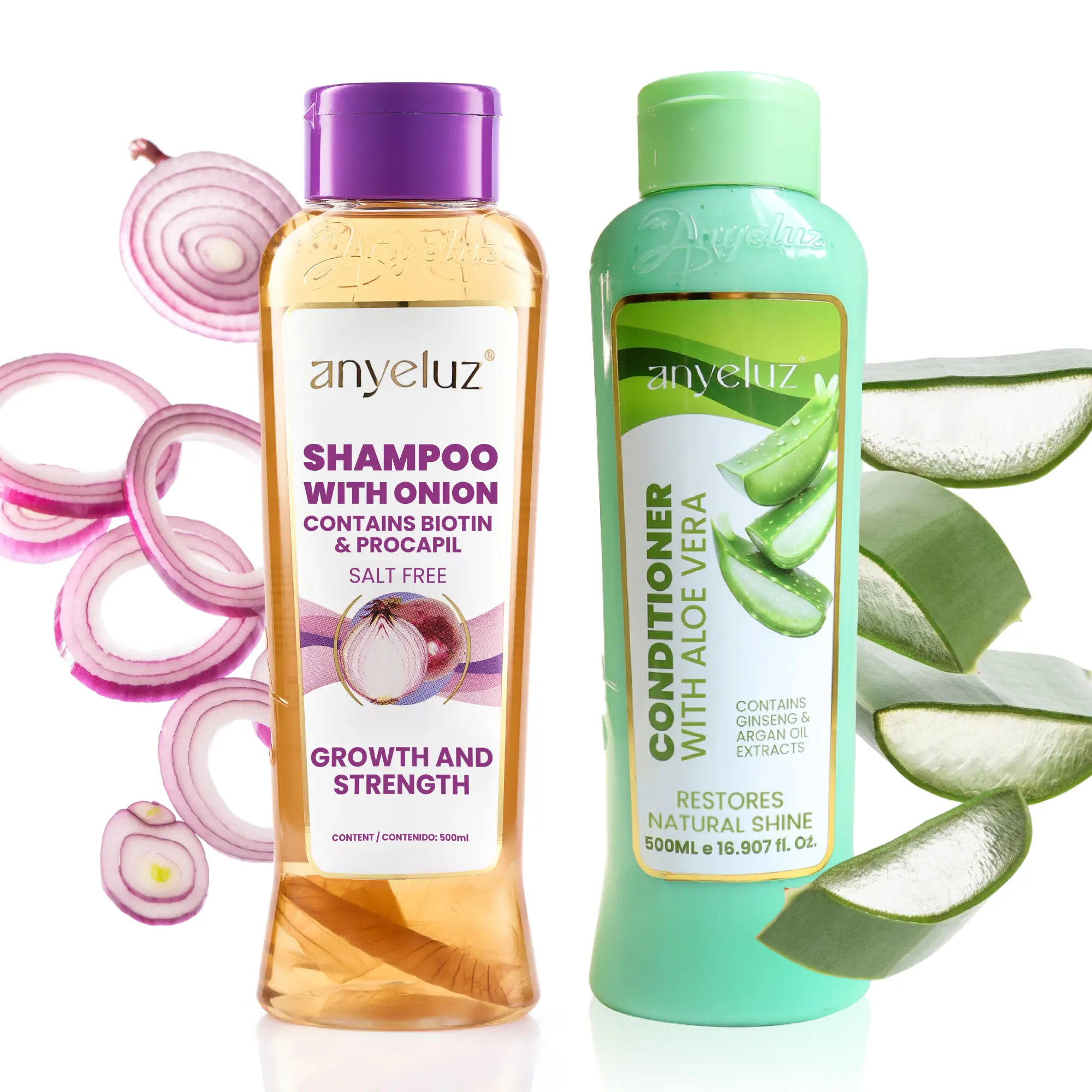 ANYELUZ Non-Toxic Onion Shampoo & Aloe Vera Conditioner Set for Adults - Biotin-Infused Haircare Cleanser, Frizz Control, Scalp Care Routine Support, Strengthens Strands, Removes Excess Oil & Residues, Thicker Hair Tips Aid, All Hair Types