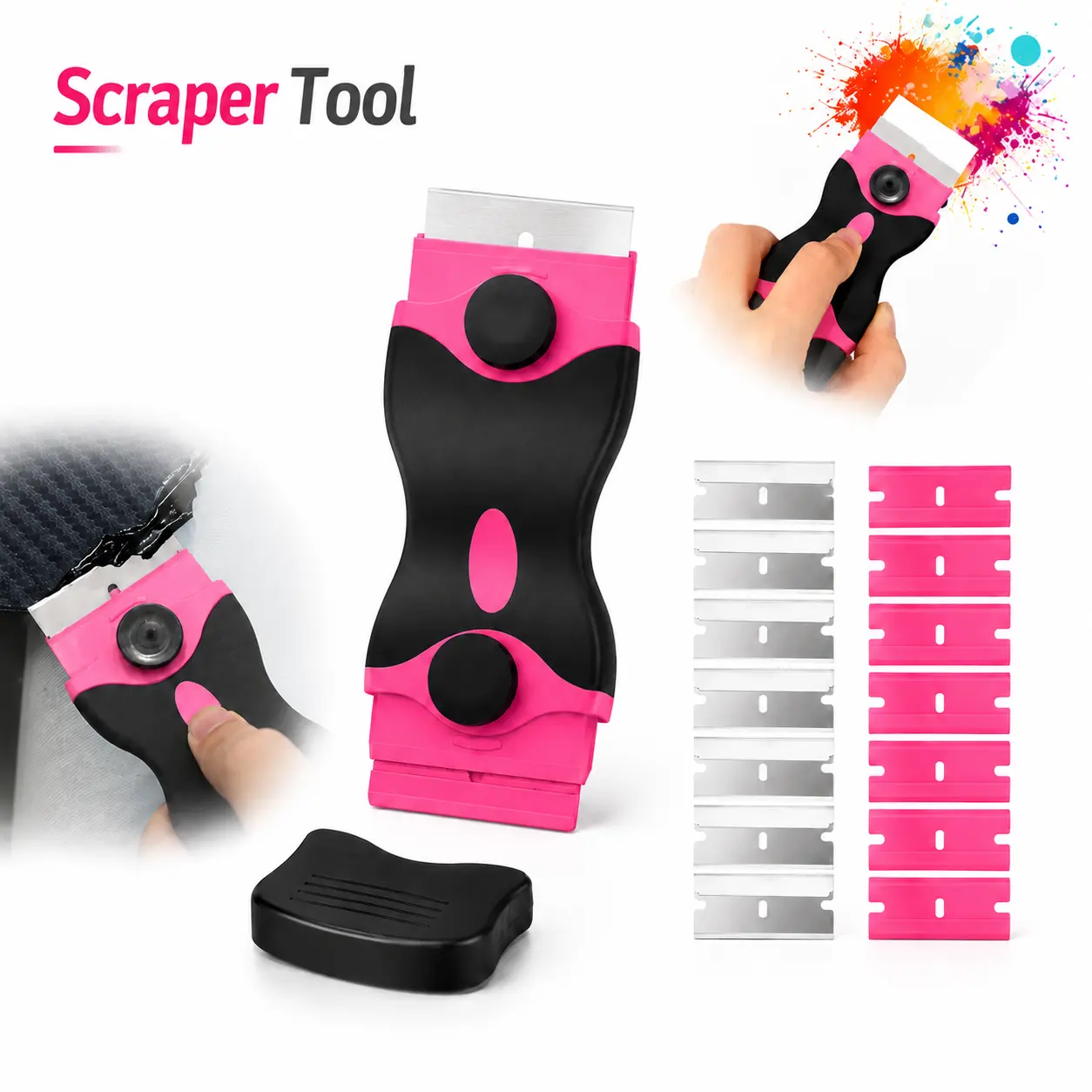 （2 double headed shovels+40 blades）Pink 2-in-1 Razor Blade Scraper Tool, for Glass Stove Oven Window Household Surface, Portable Cleaning Hand Tool, Fashion Stylish Labor-saving Scraper with 20 Blades for Label Glue Residue Removal