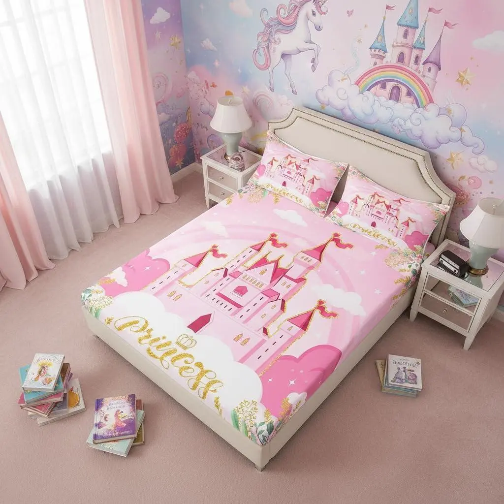Princess Theme Fitted Sheet,Pink Castle Dreamy Bedding Set with Deep Pocket Home Bedroom Decor,Flowers Garden Bed Cover Soft Bed Sheet,No Top Sheet