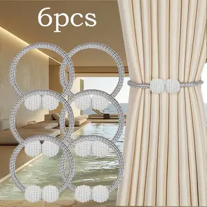(Buckle Design) 6pcs Vintage Style Pearl Curtain Tiebacks, Snap Curtain Cord Closure Strap Plastic Woven Design, Firm Snap Design,  Easy Installation, Stylish Bedroom, Living Room And Home Decor Curtain Clasps - Space Saver Interior Decoration Accessories