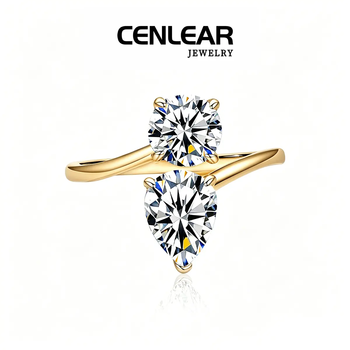 CENLEAR Female 2.5 Carat Teardrop & Round Moissanite Engagement Ring - High-Quality Craftsmanship Promise Ring, Bridal Jewelry Gift For Her