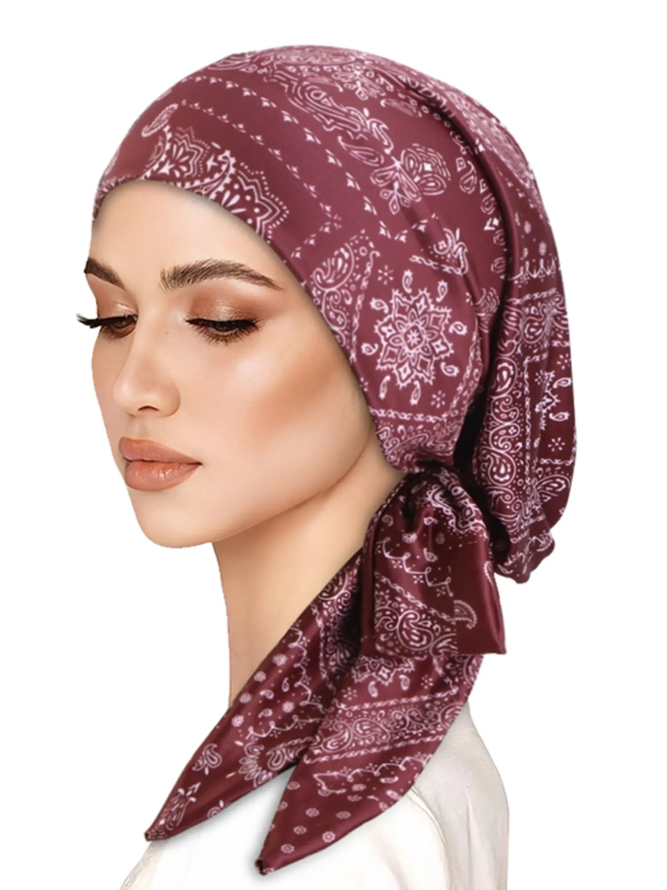 Muslim Elastic Scarf Hat, Floral Design Fashion Headscarf Cap, Bottom Layer Hair Protection, Pirate Style Wraparound Beanie, Hijab Turban