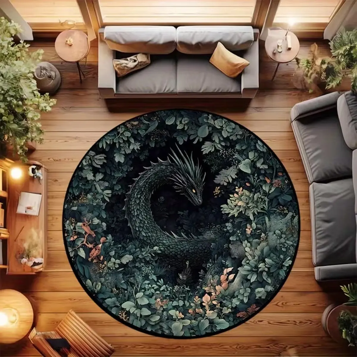 Round Living Room Carpet, Vintage Plant Dragon Pattern, American Style Fashion Decorative Rug, Reflective Short Velvet Comfort Mat, Vintage Design Rug, Botanical Area Rugs, Plant Print Rug, Home Decorative Rug, Indoor Area Rugs