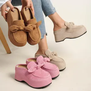 Women’s bow platform wedge mules, slip-on suede clogs, casual closed-toe backless loafers, comfortable chunky heel shoes for everyday wear