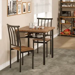 Dining Table Set for 2, 3-Piece Kitchen Dining Room Table Set, Square Wood Table with Storage Rack and Metal Chairs with Backrest, Space Saving Furniture for Small Spaces