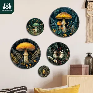 Mushroom Pattern Wall Decor, 5 Counts/set Round Wall Sticker, Wall Art Decoration for Home Farmhouse Living Room Office Studio Coffee Shop Bar Pub Club, Ornaments