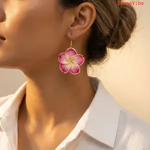 Frangipani Flower Tassel Beaded Earrings Soft Clay Elegant Sweet Style Fashion Jewelry For Women Daily And Party Wear