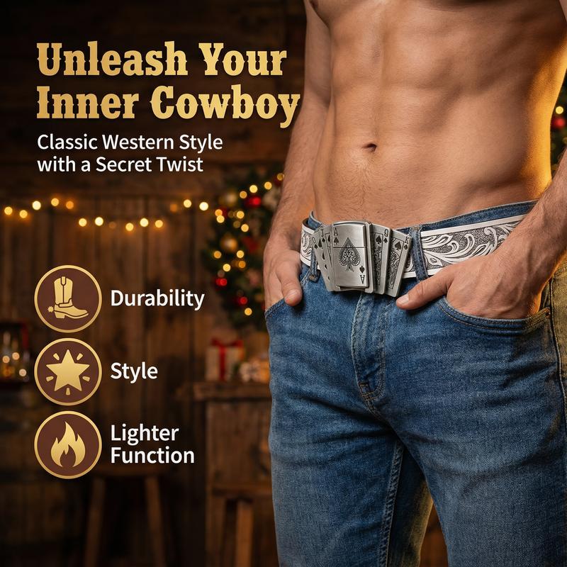 5A playing card pattern leather belt, with a Western cowboy style buckle that also functions as a lighter. A perfect gift for men or fathers.
