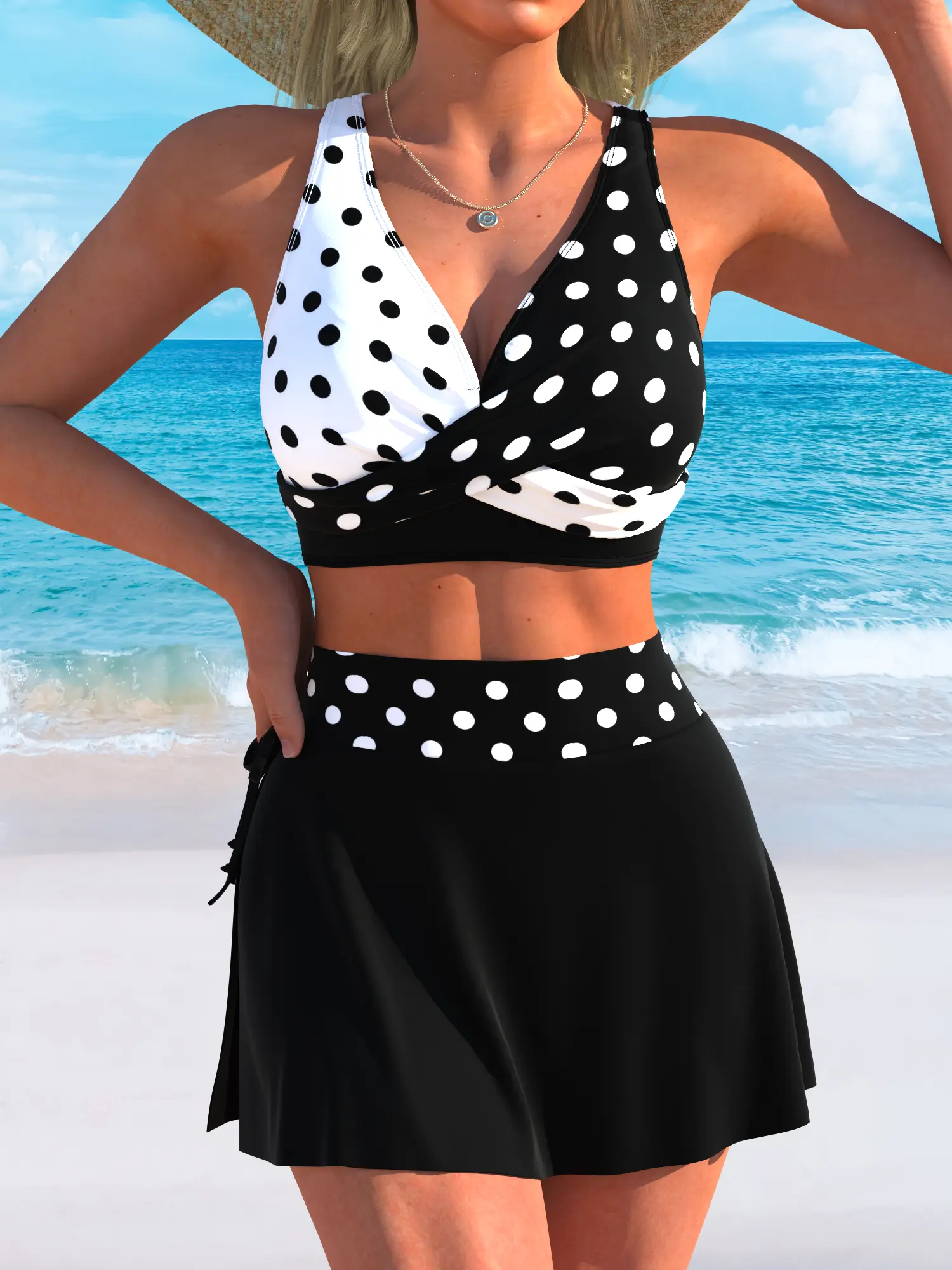 Women’s 2 Piece Tankini Swimsuit with Skirt - Tummy Control Cross Wrap Top & High Waisted Swim Skirt, Printed Bathing Suit with Back Tie for Beach Pool