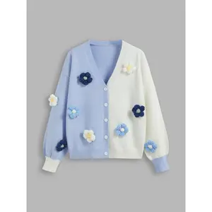 Cider [size 2-10] Knit V-neck 3D Flower Two Tone Cardigan