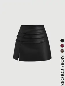Women's Plain Leather PU Suede Mini Skirt, Side Slit and Pleated Details, Chic Sexy Fitted Short Skirt, Spring & Fall Fashion, Womenswear