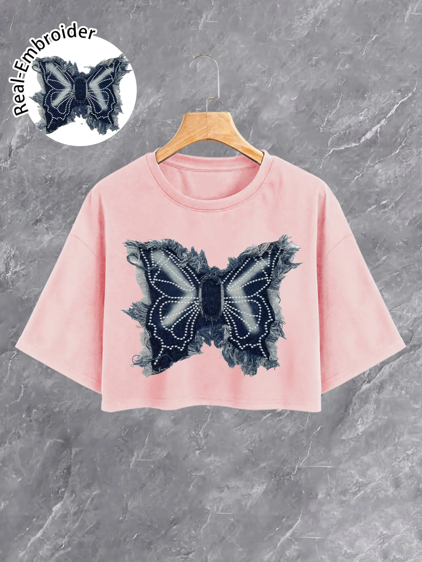 Women's Loose Fit Round Neck Butterfly Pattern T-Shirt, Womenswear Casual Fashion Top with Embroidered Bow Fringe Design, All-Season Wear Embroidery