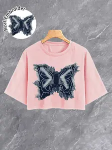 Women's Loose Fit Round Neck Butterfly Pattern T-Shirt, Casual Fashion Top with Embroidered Bow Fringe Design, All-Season Wear