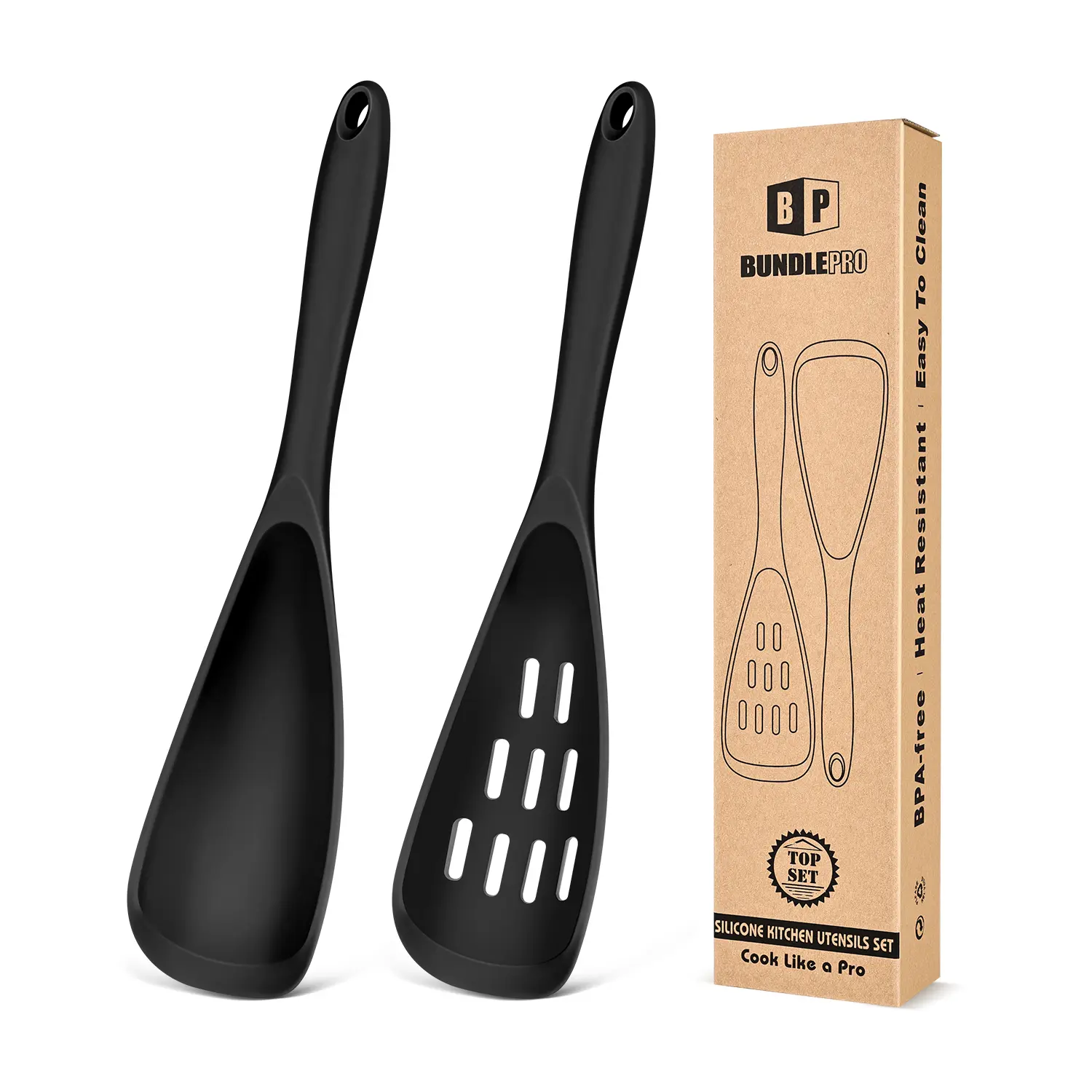 BundlePro Silicone Cooking Spoons - 2-Piece Non-Stick Hanging Spatulas with Holes for Nonstick Cookware, BPA-Free, Heat Resistant, Multifunctional Everyday Kitchen Supplies Set, Two Pieces