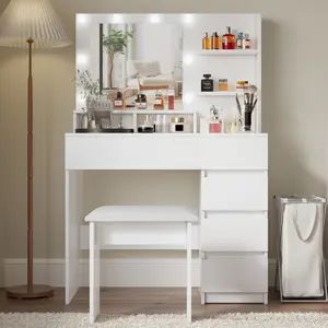 Makeup Vanity Desk Set with Mirror & Light, Dressing Table Storage Lots with Power Strip, 3 Lighting Modes with Adjustable Brightness, 37 Inches (White with Stool)